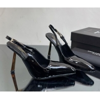 Good Looking Saint Laurent Lee Slingback Pumps 10cm with Buckle in Patent Leather Black/Silver 025047