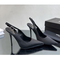 Classic Hot Saint Laurent Zoe Slingbacks Pumps 10.5cm in Silk with Crystal Buckle Black 121074