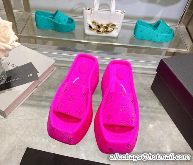 Good Looking Alexander Wang Taji Platform Wedge Slides Sandals in Fabric with Crystals a Dark Pink 626055