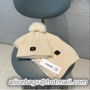 Famous Brand Chanel Knit Hat and Scarf Set CH1206 Beige 2023