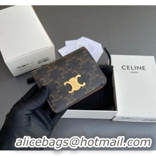 Super Quality Celine TRIOMPHE COMPACT WALLET IN TRIOMPHE CANVAS 10K622 TAN
