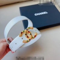 ​Top Quality Chanel Calfskin Belt 3cm with Stone CC C0131 White