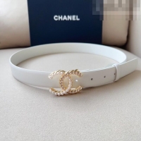 Top Quality Chanel Smooth Leather Belt with Pearl CC Buckle 30mm CH8233 White/Gold 2023