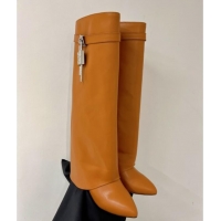 Best Grade Givenchy Shark Lock Wedge High Boots 9cm in Leather Caramel Brown 923024