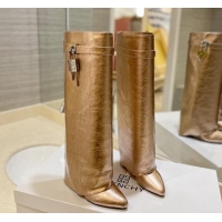 Affordable Price Givenchy Shark Lock Wedge High Boots 9cm in Crinkle Metallized Leather Gold 923047