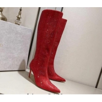 Popular Style Jimmy Choo Crystals Allover Knee High Boots 8.5cm Red 104049