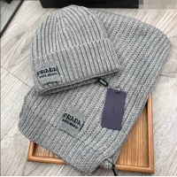 Top Design Prada Knit Hat and Scarf Set 1108 Grey 2023