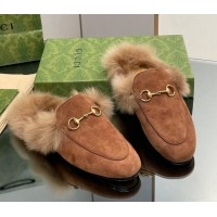 Top Grade Gucci Suede and Wool Slippers with Horsebit Brown 025008