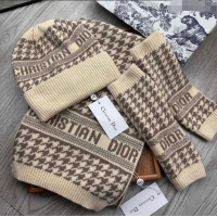 New Style Dior Houndtooth Knit Gloves, Hat and Scarf Set CD1123 Beige 2023