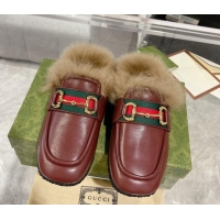 Good Looking Gucci Flat Mules with Horsebit and Web in Leather and Wool Burgundy 117032