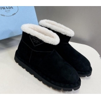 Good Quality Prada Shearling and Suede Ankle Boots Black 026031