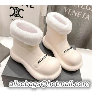 Classic Hot Balenciaga Trooper Rubber Rain Boots with Round Toe and Fur White 1121092