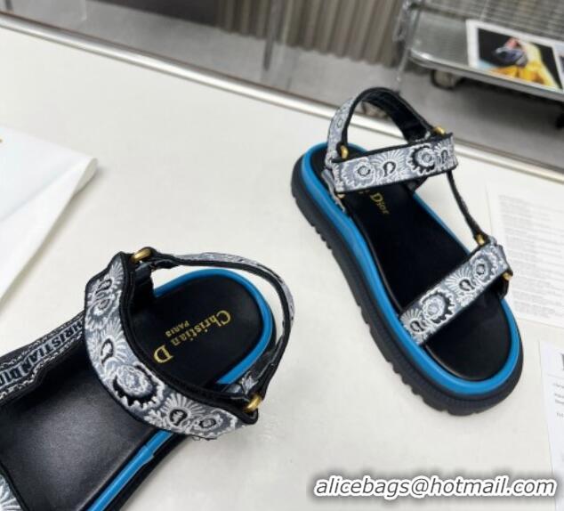 Buy Luxury Dior D-Wave Sandals in Denim Blue Multicolor Embroidered Cotton with Butterfly Bandana Motif 214046