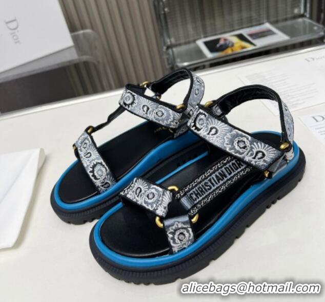Buy Luxury Dior D-Wave Sandals in Denim Blue Multicolor Embroidered Cotton with Butterfly Bandana Motif 214046