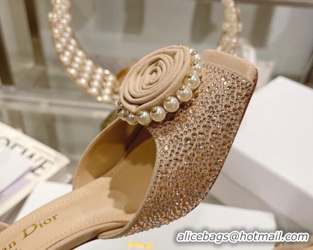 Charming Dior Rose Heeled Sandals 8.5cm in Apricot Suede with Strass and White Resin Pearls 106039