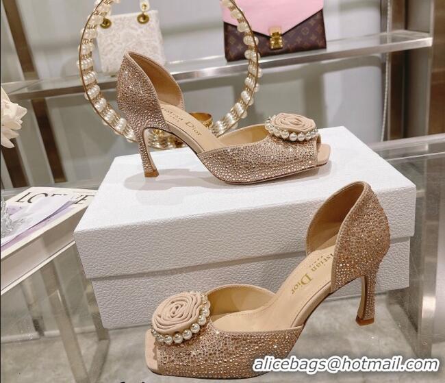 Charming Dior Rose Heeled Sandals 8.5cm in Apricot Suede with Strass and White Resin Pearls 106039