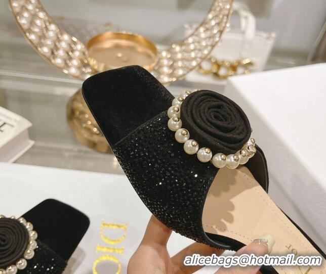 Super Quality Dior Rose Heel Slide Sandals 3.5cm in Suede with Strass and Resin Pearls Black 2106053