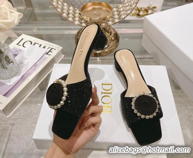 Super Quality Dior Rose Heel Slide Sandals 3.5cm in Suede with Strass and Resin Pearls Black 2106053