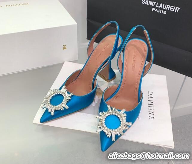 Low Cost Amina Muaddi Begum Embellished Slingback Pumps 9.5 cm in Silk and Crystals Light Blue 214071