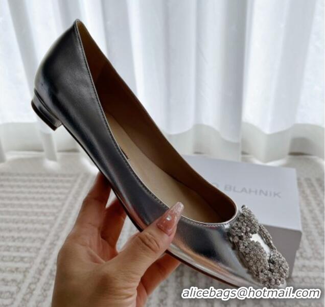Top Design Manolo Blahnik Classic Ballerinas Flat in Metallic Leather with Crystal Buckle Silver 121084