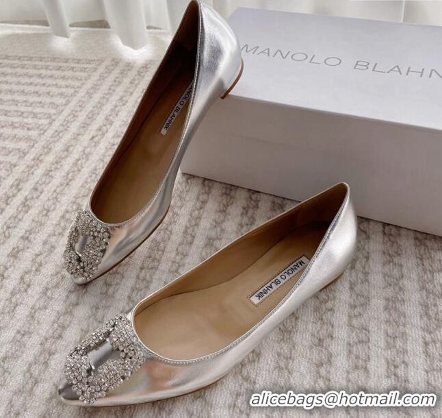 Top Design Manolo Blahnik Classic Ballerinas Flat in Metallic Leather with Crystal Buckle Silver 121084