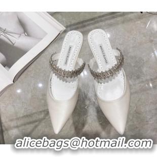 Luxurious Manolo Blahnik Lutara Satin Crystal Embellished Flat Mules White 1215114