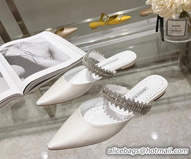 Luxurious Manolo Blahnik Lutara Satin Crystal Embellished Flat Mules White 1215114