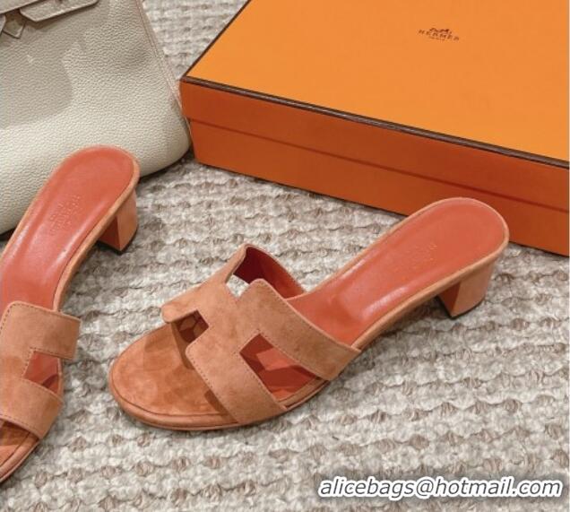 Pretty Style Hermes Classic Oasis Heel Slide Sandals 4.5cm in Suede Coral Pink 0123090