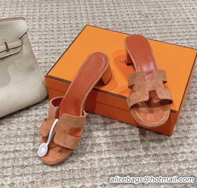 Pretty Style Hermes Classic Oasis Heel Slide Sandals 4.5cm in Suede Coral Pink 0123090