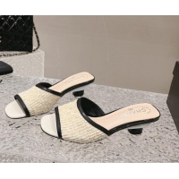 Best Grade Chanel Tweed & Leather Heel Slide Sandals 5cm Light Yellow 1213045
