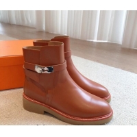 Duplicate Hermes History Ankle Boots in Calfskin with Kelly Buckle Brown 1215014