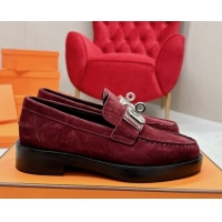 Good Looking Hermes Hot Loafers in Suede with Oversized Kelly Buckle Burgundy 215067