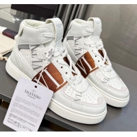 Pretty Style Valentino VL7N High Banded Calfskin and Mesh Sneakers White/Brown 1121139