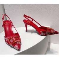 Best Price Valentino VLogo Slingback Pumps 7.5cm in Damier Crystals Bright Red 1121152