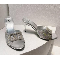 1:1 Valentino VLogo Heel Slide Sandals 7.5cm in Damier Crystals Silver 1121170