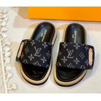 Luxury Discount Louis Vuitton Pool Pillow Flat Comfort Slide Sandals in Monogram Denim Black 0105153