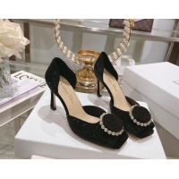 Popular Style Dior Rose Heeled Sandals 8.5cm in Black Suede with Strass and White Resin Pearls 0106038
