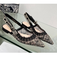 Sumptuous Dior J'Adior Slingback Ballet Flat in Transparent Mesh Embroidered with Black and Gold-Tone Butterfly Motif an