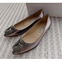 Unique Style Manolo Blahnik Classic Ballerinas Flat in Metallic Leather with Crystal Buckle Grey 121081
