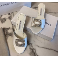 Top Grade Manolo Blahnik Classic Silk Heel Slide Sandals 5.5cm with Crystals White 215100