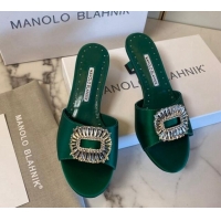 Popular Style Manolo Blahnik Classic Silk Heel Slide Sandals 5.5cm with Crystals Green 215101