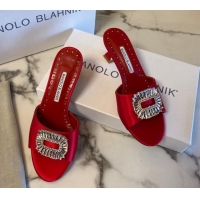 Low Price Manolo Blahnik Classic Silk Heel Slide Sandals 5.5cm with Crystals Red 1215106