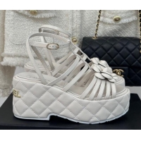 Good Quality Chanel Lambskin Leather Camellia Bloom Platform Sandals White 108028