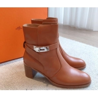 Low Cost Hermes Frenchie Heel Ankle Boots 5cm in Calfskin Brown 0103141