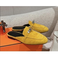 Pretty Style Hermes Oz Flat Mules in Suede Yellow 0104032