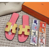 Good Quality Hermes Classic Oran Flat Slide Sandals in Palm Grained Leather Pink/Yellow 0123064