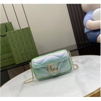 Luxurious Gucci GG MARMONT SUPER MINI BAG 476433 Light green iridescent quilted chevron leather