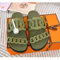 Charming Hermes Extra Suede Chain Flat Slide Sandals Green 0123101