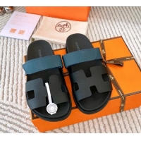 Popular Style Hermes Chypre Flat Sandals in Grained Calfskin Black/Blue 0123105