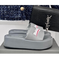 Shop Duplicate Balenciaga Logo Stripes Calfskin Platform Slide Sandals Grey 129028